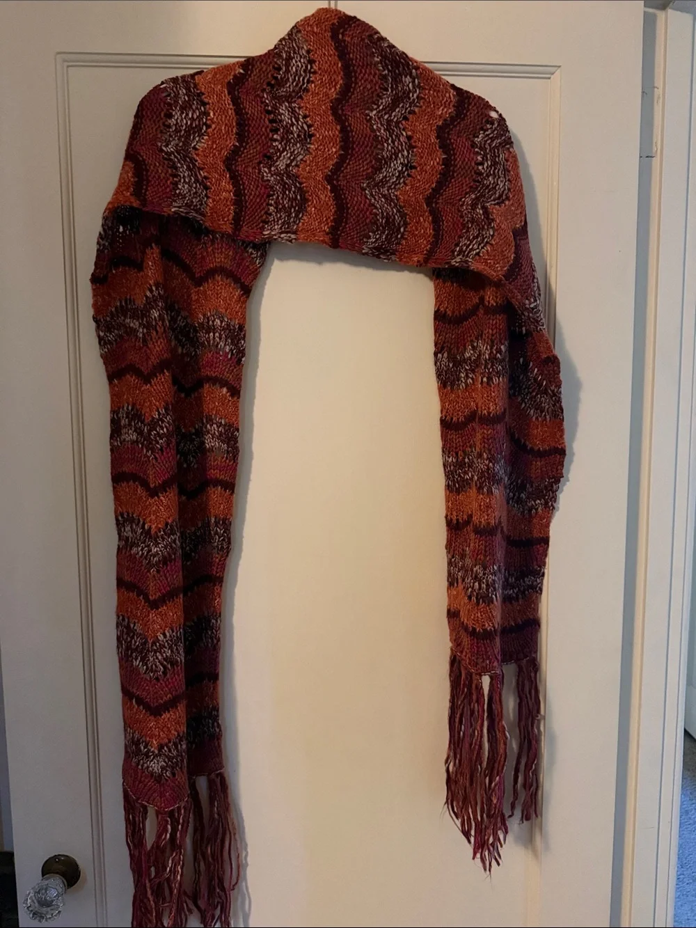 H&M Multicolor Wavy Knit Fringe Scarf - Orange & Burgundy